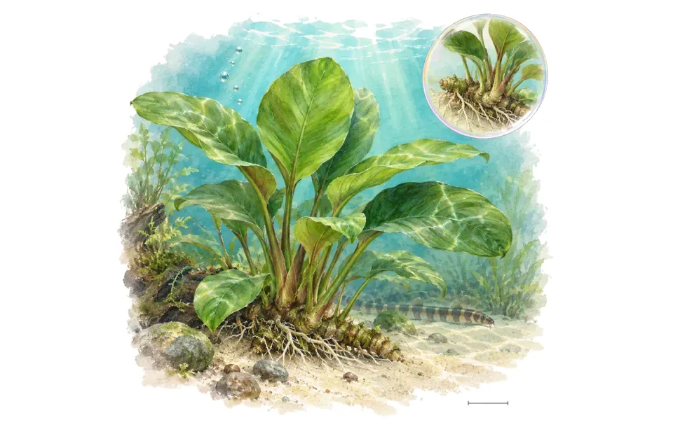 Aquarelle : Lagenandra meeboldii Green (Lagenandra meeboldii 'Green') dans une eau turquoise lumineuse, avec un détail dans une bulle.