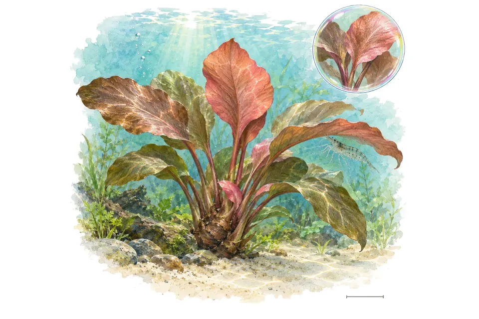 Aquarelle : Lagenandra meeboldii red (Lagenandra meeboldii 'Red') dans une eau turquoise lumineuse, avec un détail dans une bulle.
