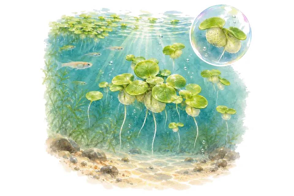 Aquarelle : Lentille d'eau bossue (Lemna gibba) dans une eau turquoise lumineuse, avec un détail dans une bulle.