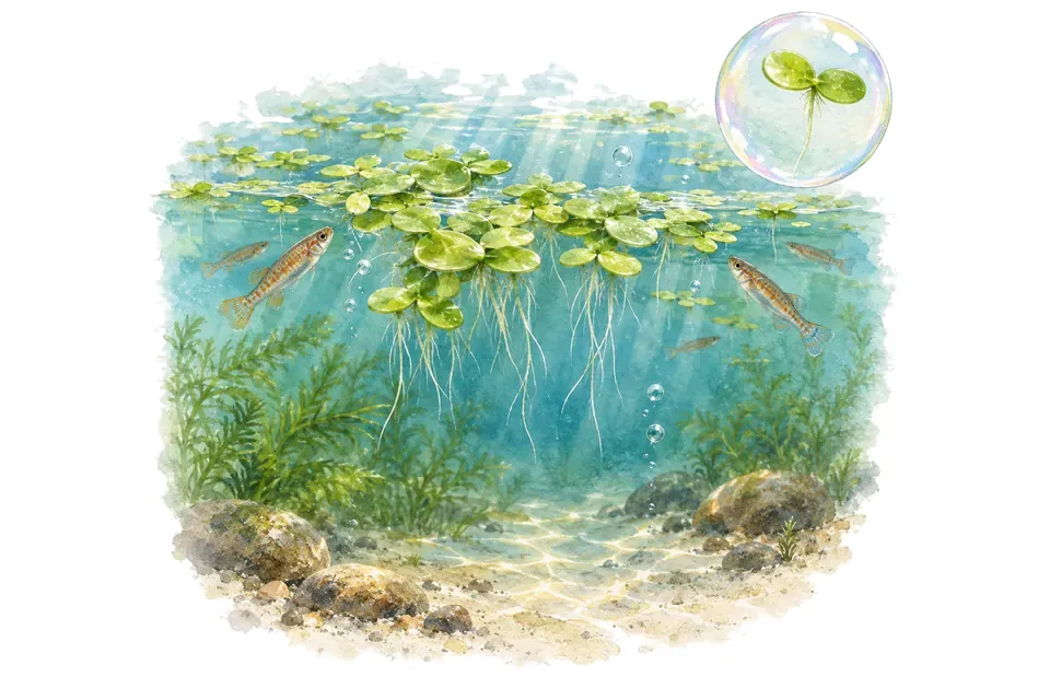 Aquarelle : Lentille d’eau (Lemna minor) dans une eau turquoise lumineuse, avec un détail dans une bulle.