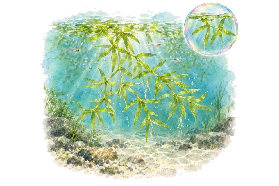 Aquarelle : Lentille d'eau à trois lobes (Lemna trisulca) dans une eau turquoise lumineuse, avec un détail dans une bulle.