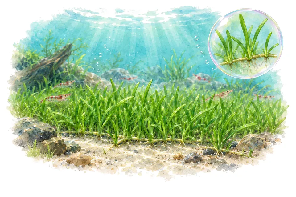 Aquarelle : Lilaeopsis du Brésil (Lilaeopsis brasiliensis) dans une eau turquoise lumineuse, avec un détail dans une bulle.