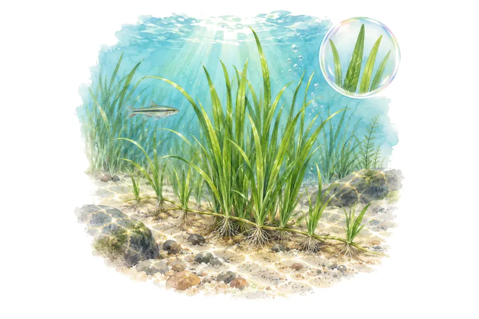 Aquarelle : Lilaeopsis macloviana (Lilaeopsis macloviana) dans une eau turquoise lumineuse, avec un détail dans une bulle.