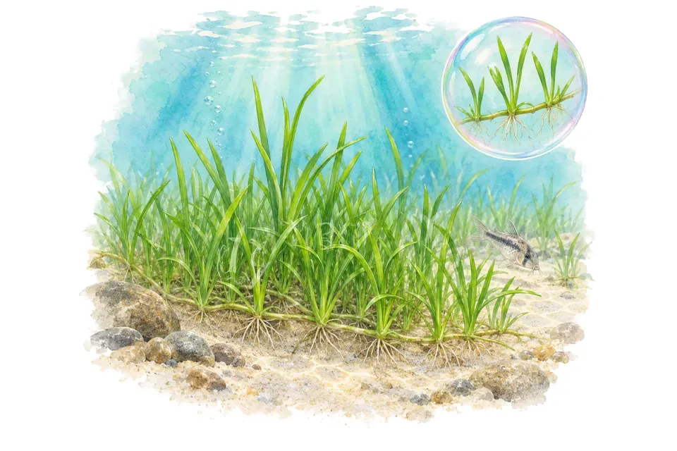 Aquarelle : Lilaeopsis de Maurice (Lilaeopsis mauritiana) dans une eau turquoise lumineuse, avec un détail dans une bulle.