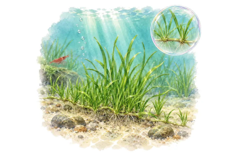 Aquarelle : Lilaeopsis de Nouvelle-Zélande (Lilaeopsis novae-zelandiae) dans une eau turquoise lumineuse, avec un détail dans une bulle.