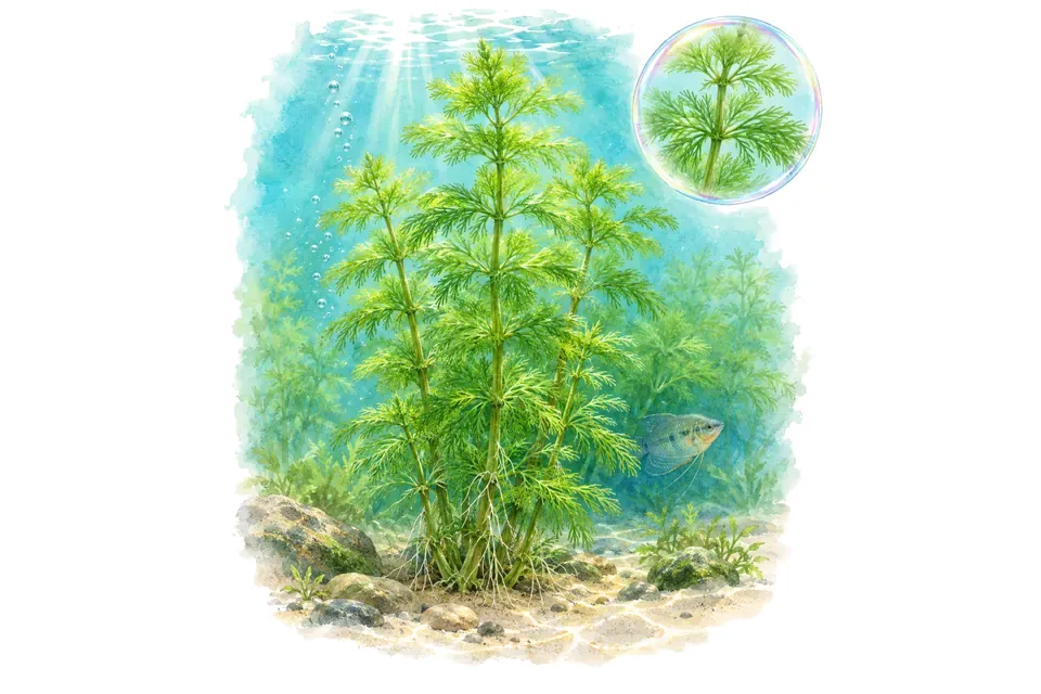 Aquarelle : Limnophila aquatique (Limnophila aquatica) dans une eau turquoise lumineuse, avec un détail dans une bulle.
