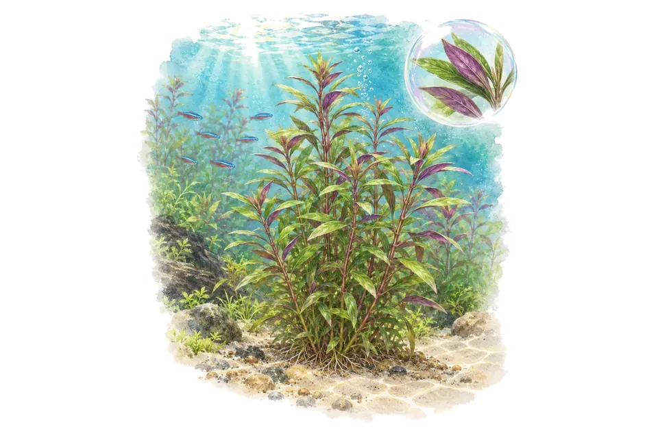 Aquarelle : Limnophila aromatica (Limnophila aromatica) dans une eau turquoise lumineuse, avec un détail dans une bulle.