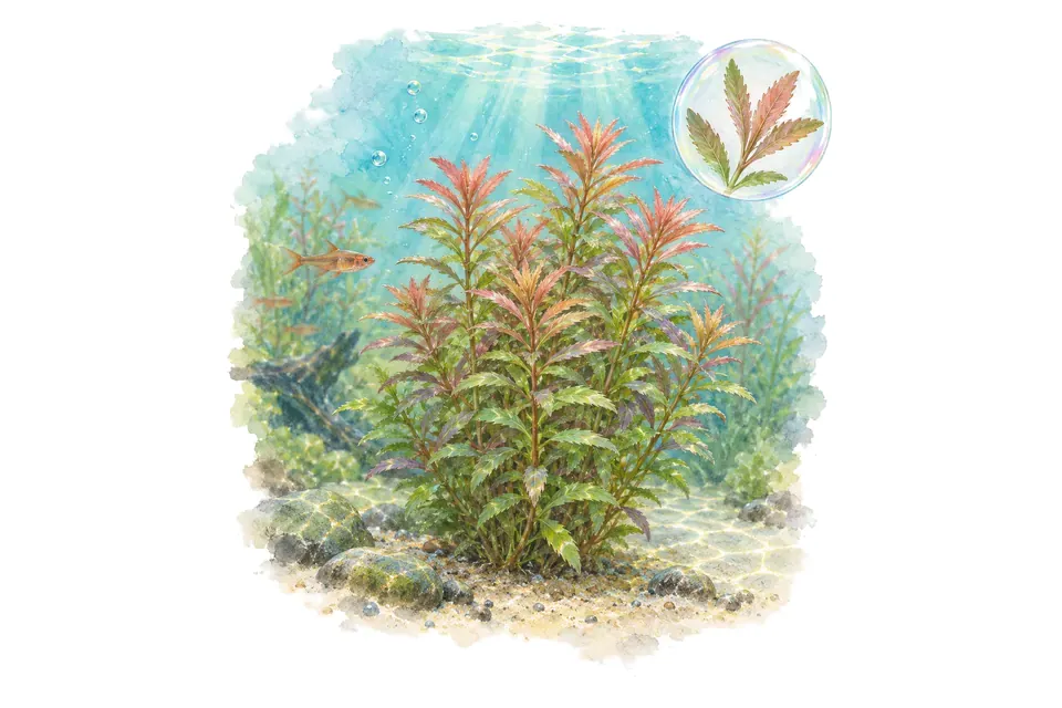 Aquarelle : Limnophila aromatica mini (Limnophila aromatica 'Mini') dans une eau turquoise lumineuse, avec un détail dans une bulle.