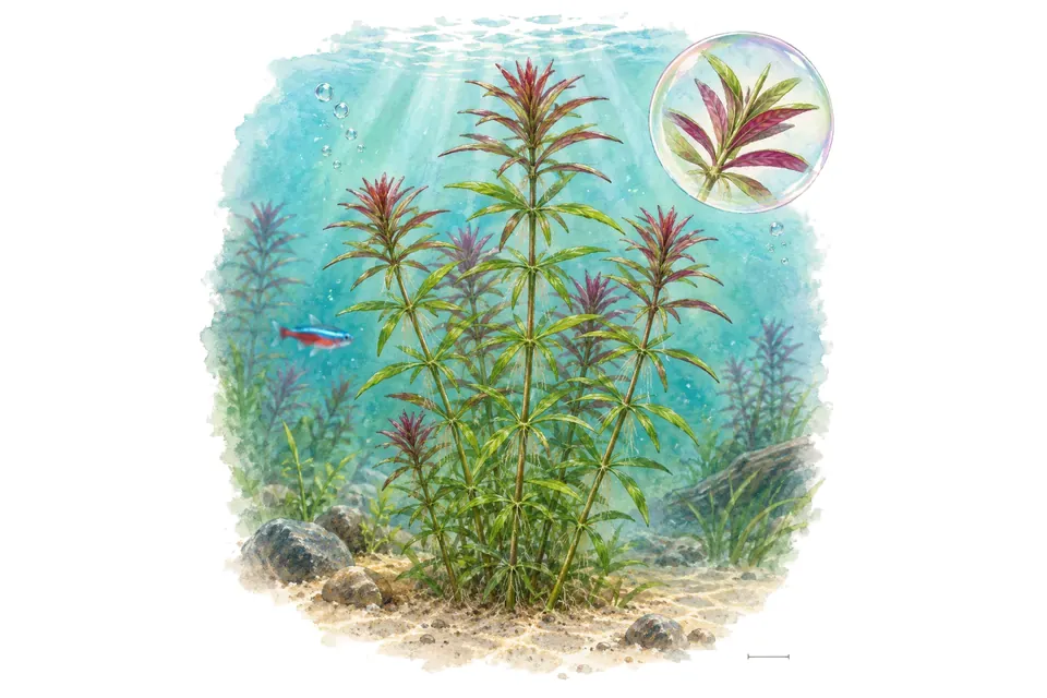 Aquarelle : Limnophila hippuridoides (Limnophila hippuridoides) dans une eau turquoise lumineuse, avec un détail dans une bulle.