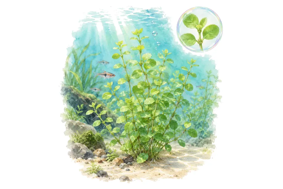 Aquarelle : Lindernia à feuilles rondes (Lindernia rotundifolia) dans une eau turquoise lumineuse, avec un détail dans une bulle.