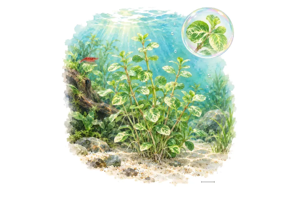 Aquarelle : Lindernia rotundifolia Variegated (Lindernia rotundifolia 'Variegated') dans une eau turquoise lumineuse, avec un détail dans une bulle.