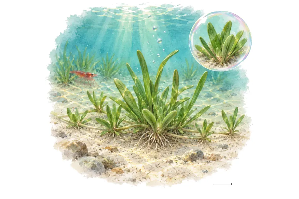 Aquarelle : Littorelle à une fleur (Littorella uniflora) dans une eau turquoise lumineuse, avec un détail dans une bulle.