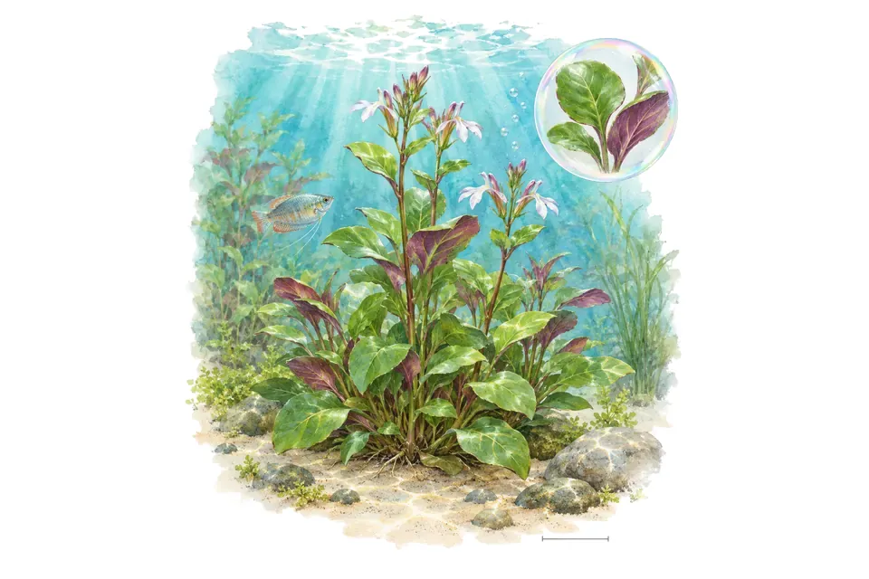 Aquarelle : Lobélie cardinale (Lobelia cardinalis) dans une eau turquoise lumineuse, avec un détail dans une bulle.