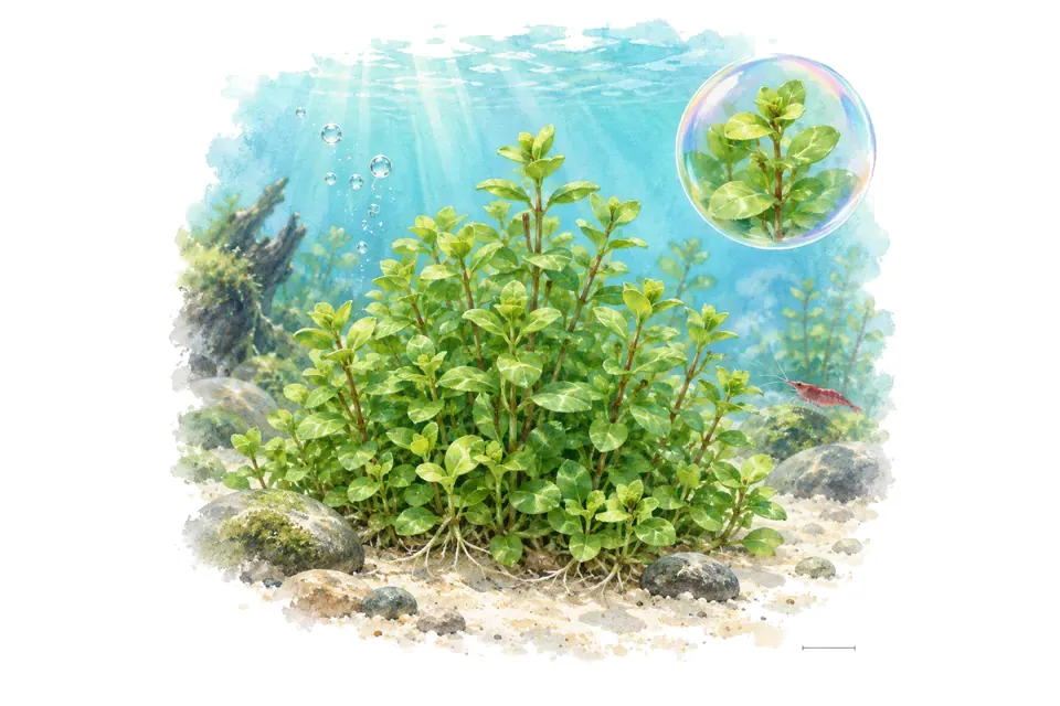 Aquarelle : Lobélie cardinale Mini (Lobelia cardinalis 'Mini') dans une eau turquoise lumineuse, avec un détail dans une bulle.