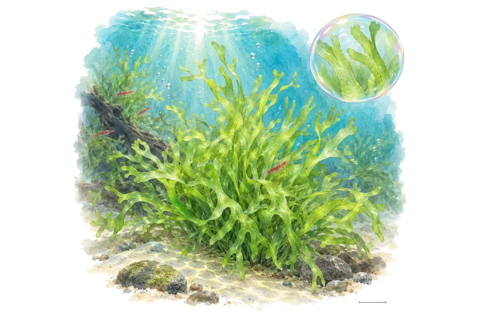 Aquarelle : Lomariopsis, fougère Süßwassertang (Lomariopsis lineata) dans une eau turquoise lumineuse, avec un détail dans une bulle.