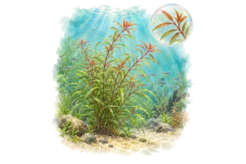 Aquarelle : Ludwigie arquée (Ludwigia arcuata) dans une eau turquoise lumineuse, avec un détail dans une bulle.