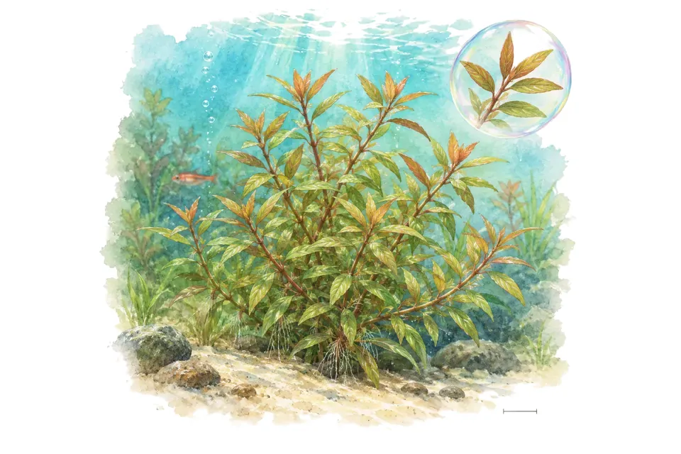 Aquarelle : Ludwigia brevipes (Ludwigia brevipes) dans une eau turquoise lumineuse, avec un détail dans une bulle.