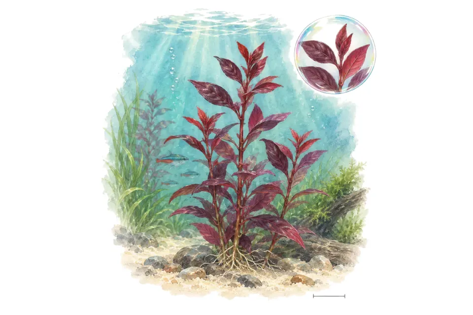 Aquarelle : Ludwigia glandulosa (Ludwigia glandulosa) dans une eau turquoise lumineuse, avec un détail dans une bulle.