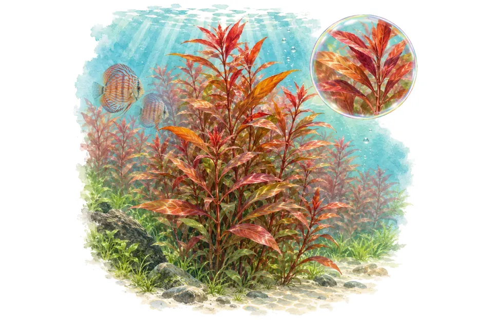 Aquarelle : Ludwigia inclinata Cuba (Ludwigia inclinata 'Cuba') dans une eau turquoise lumineuse, avec un détail dans une bulle.