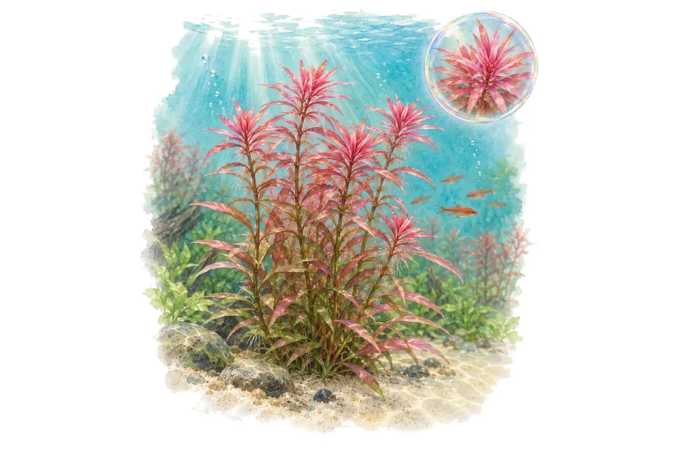 Aquarelle : Ludwigia inclinata Pantanal (Ludwigia inclinata 'Pantanal') dans une eau turquoise lumineuse, avec un détail dans une bulle.