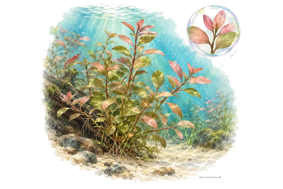 Aquarelle : Ludwigia ovalis (Ludwigia ovalis) dans une eau turquoise lumineuse, avec un détail dans une bulle.