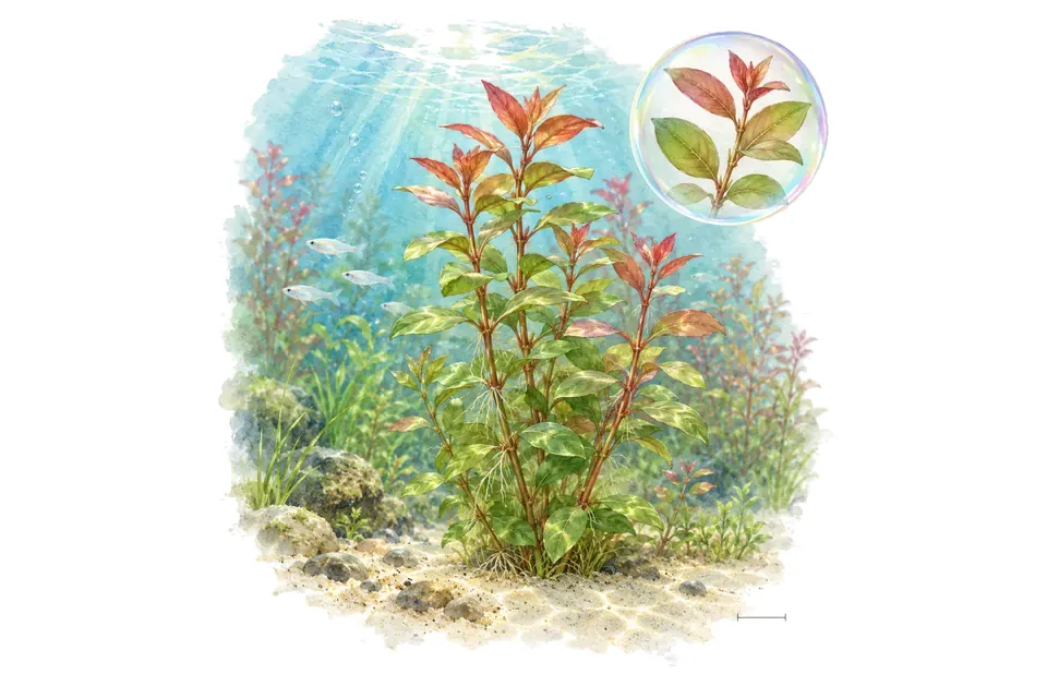 Aquarelle : Ludwigie des marais (Ludwigia palustris) dans une eau turquoise lumineuse, avec un détail dans une bulle.