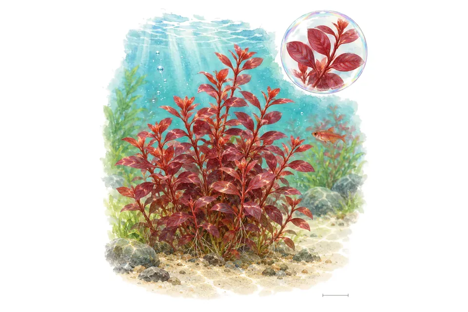 Aquarelle : Ludwigia palustris super red (Ludwigia palustris 'Super Red') dans une eau turquoise lumineuse, avec un détail dans une bulle.