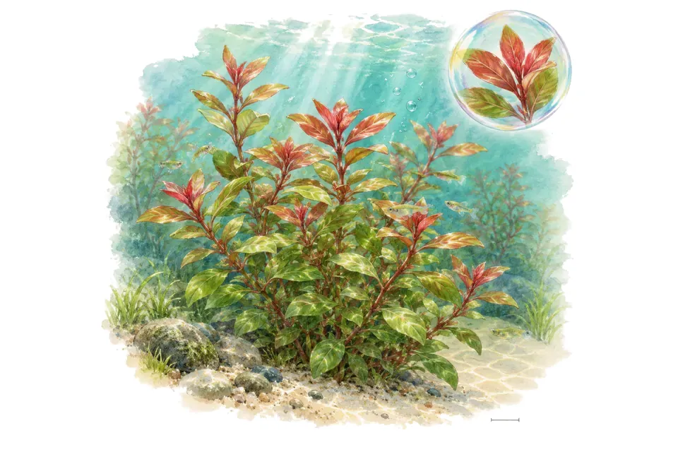 Aquarelle : Ludwigia rampante (Ludwigia repens) dans une eau turquoise lumineuse, avec un détail dans une bulle.