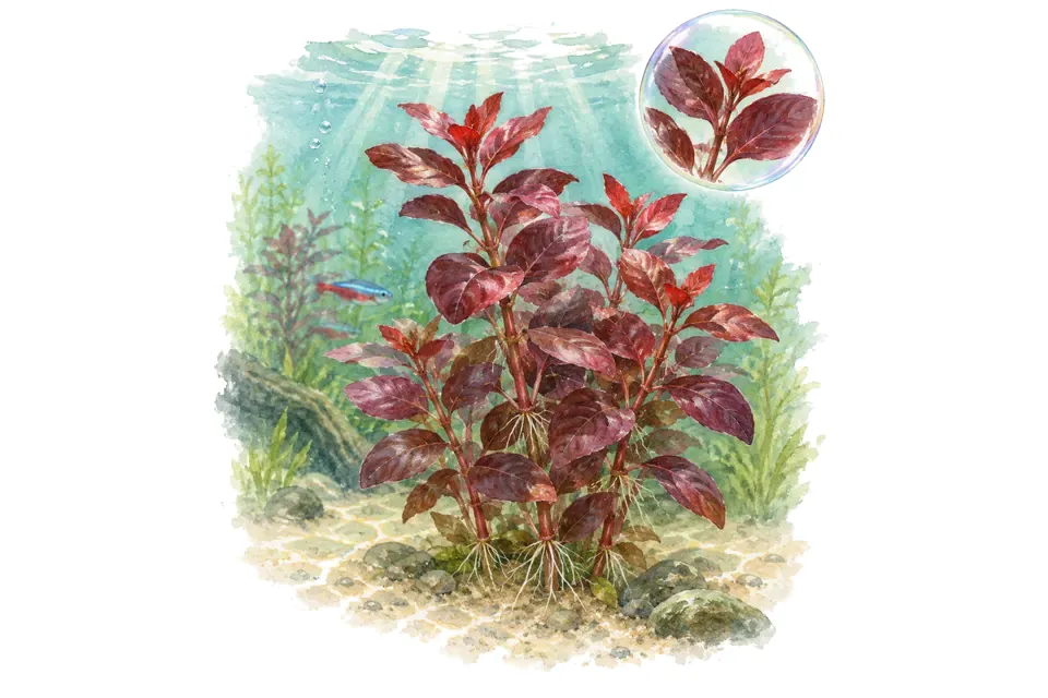 Aquarelle : Ludwigia repens Rubin (Ludwigia repens 'Rubin') dans une eau turquoise lumineuse, avec un détail dans une bulle.