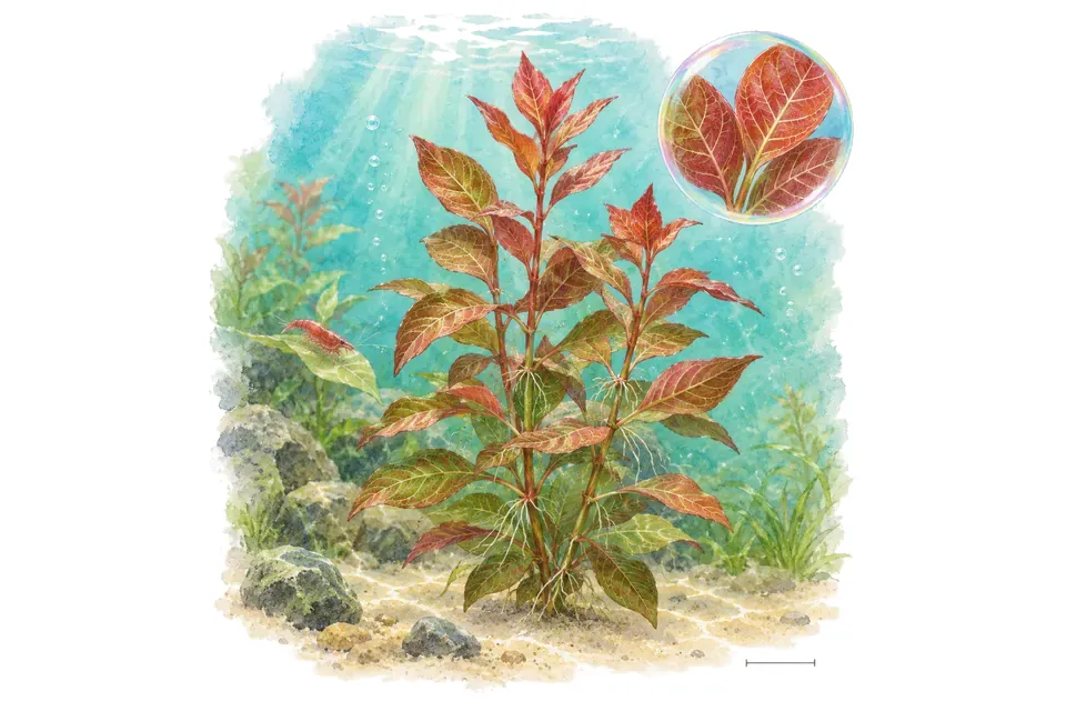 Aquarelle : Ludwigia senegalensis (Ludwigia senegalensis) dans une eau turquoise lumineuse, avec un détail dans une bulle.