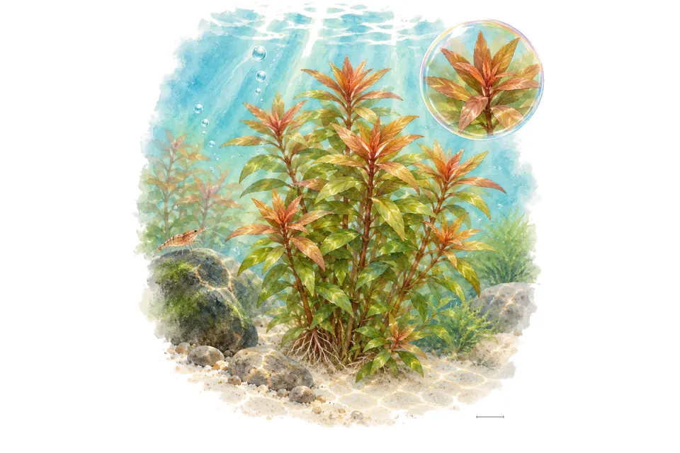 Aquarelle : Ludwigia sphaerocarpa (Ludwigia sphaerocarpa) dans une eau turquoise lumineuse, avec un détail dans une bulle.