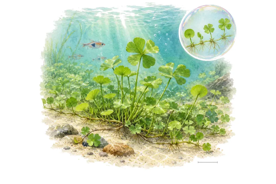 Aquarelle : Marsilea crenata (Marsilea crenata) dans une eau turquoise lumineuse, avec un détail dans une bulle.