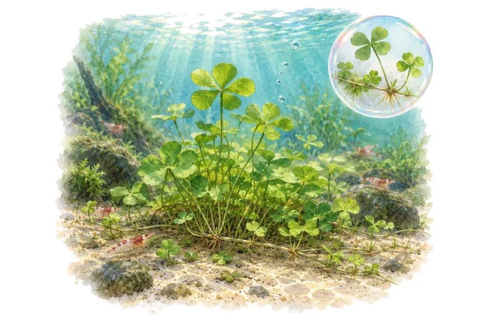 Aquarelle : Marsilea hirsuta (Marsilea hirsuta) dans une eau turquoise lumineuse, avec un détail dans une bulle.