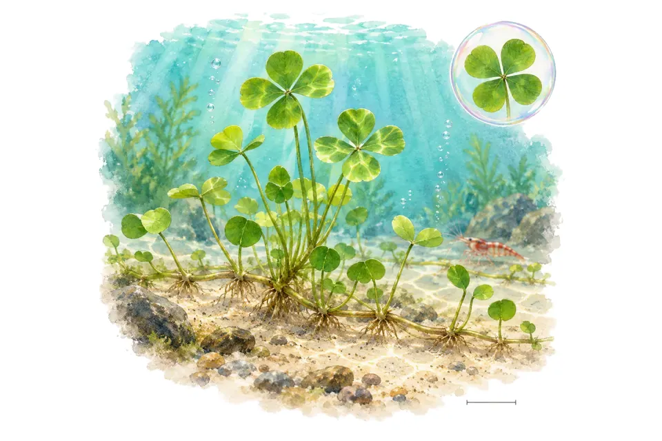 Aquarelle : Marsilée à quatre feuilles (Marsilea quadrifolia) dans une eau turquoise lumineuse, avec un détail dans une bulle.