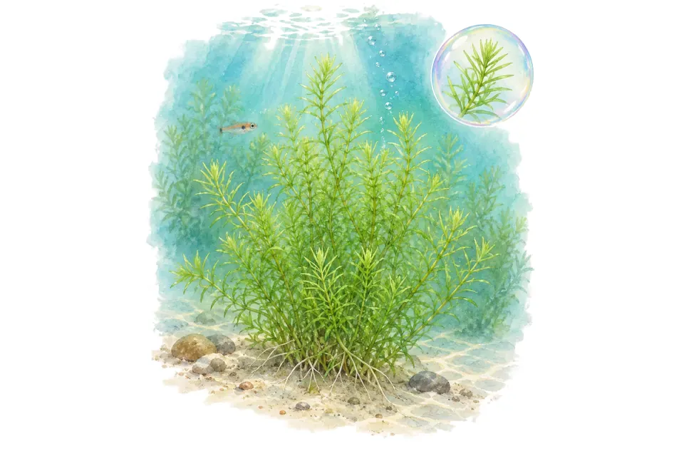 Aquarelle : Mayaca fluviatilis (Mayaca fluviatilis) dans une eau turquoise lumineuse, avec un détail dans une bulle.