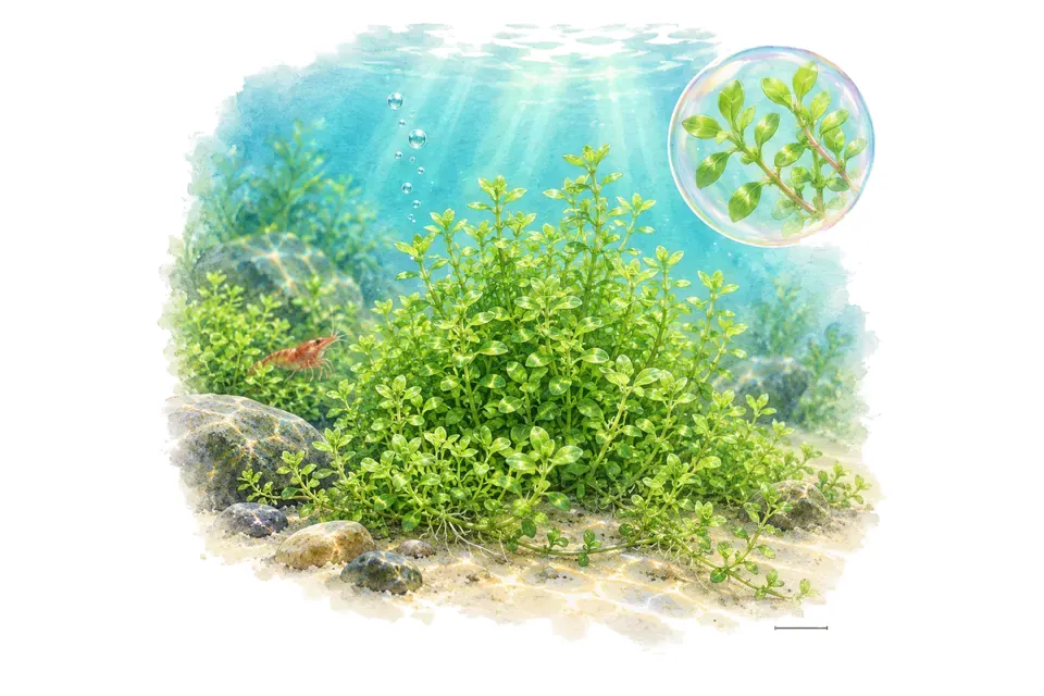 Aquarelle : Micranthemum glomeratum (Micranthemum glomeratum) dans une eau turquoise lumineuse, avec un détail dans une bulle.