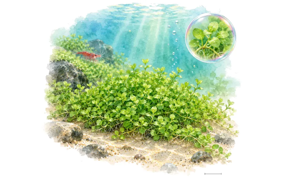 Aquarelle : Micranthemum Monte Carlo (Micranthemum tweediei 'Monte Carlo') dans une eau turquoise lumineuse, avec un détail dans une bulle.