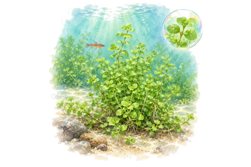 Aquarelle : Micranthemum umbrosum (Micranthemum umbrosum) dans une eau turquoise lumineuse, avec un détail dans une bulle.