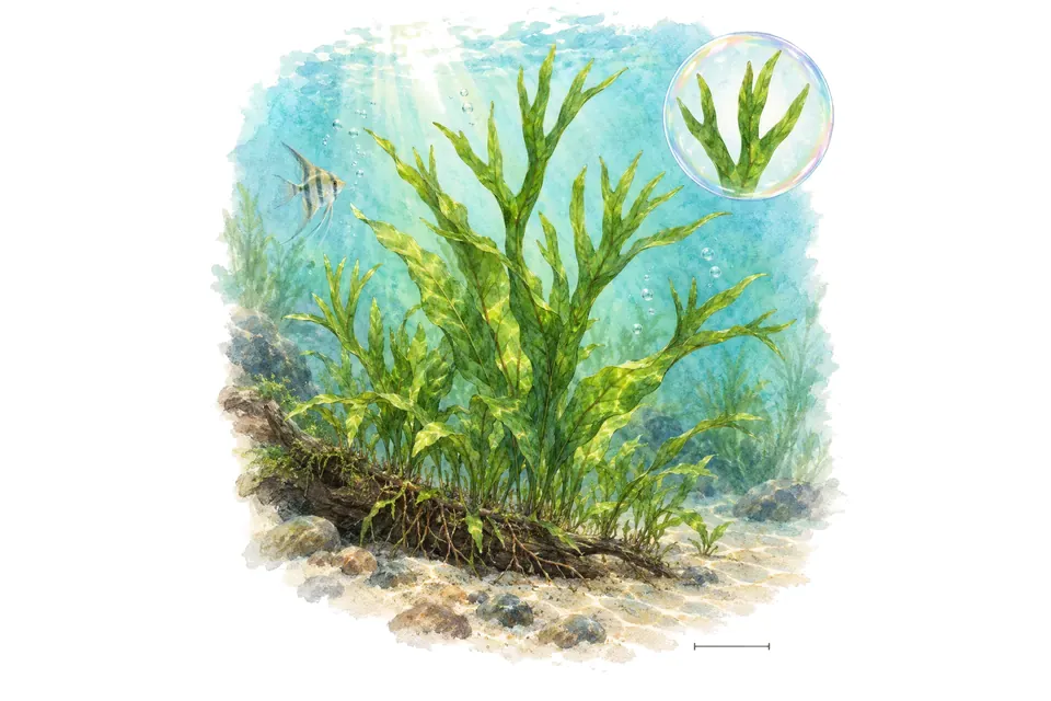 Aquarelle : Fougère de Java Trident (Leptochilus pteropus 'Trident') dans une eau turquoise lumineuse, avec un détail dans une bulle.