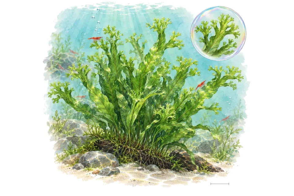 Aquarelle : Fougère de Java Windeløv (Leptochilus pteropus 'Windeløv') dans une eau turquoise lumineuse, avec un détail dans une bulle.