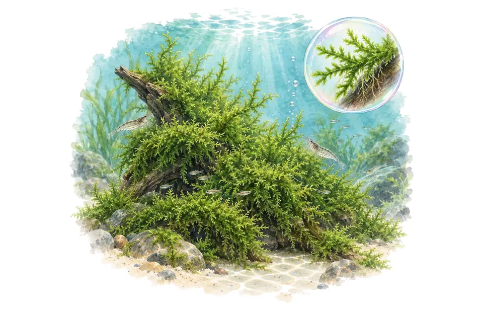 Aquarelle : Mousse de Java (Taxiphyllum barbieri) dans une eau turquoise lumineuse, avec un détail dans une bulle.