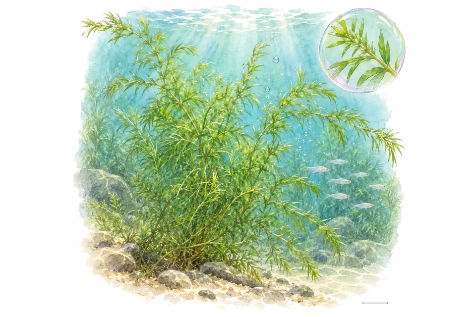 Aquarelle : Mousse de rivière (Leptodictyum riparium) dans une eau turquoise lumineuse, avec un détail dans une bulle.