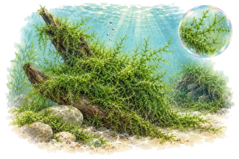 Aquarelle : Mousse de Singapour (Vesicularia dubyana) dans une eau turquoise lumineuse, avec un détail dans une bulle.