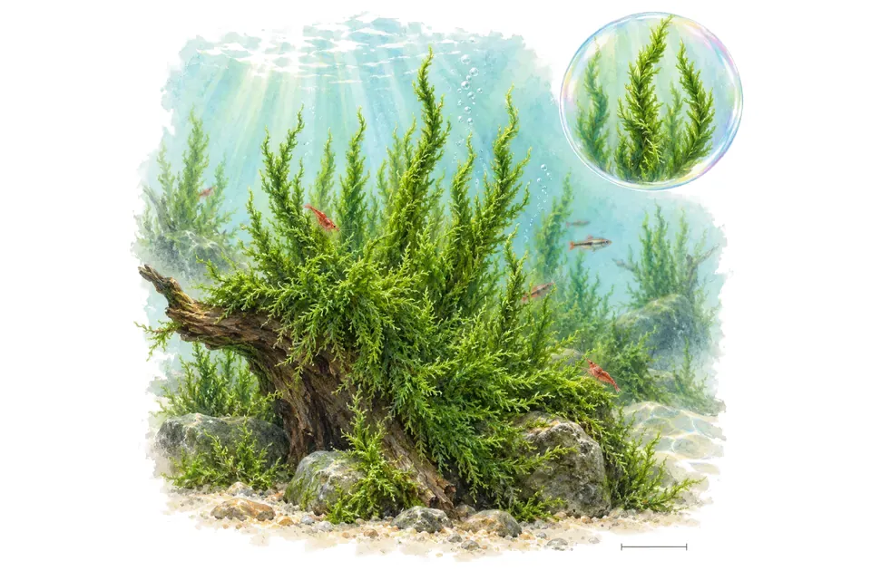Aquarelle : Mousse flame (Taxiphyllum sp. 'Flame') dans une eau turquoise lumineuse, avec un détail dans une bulle.