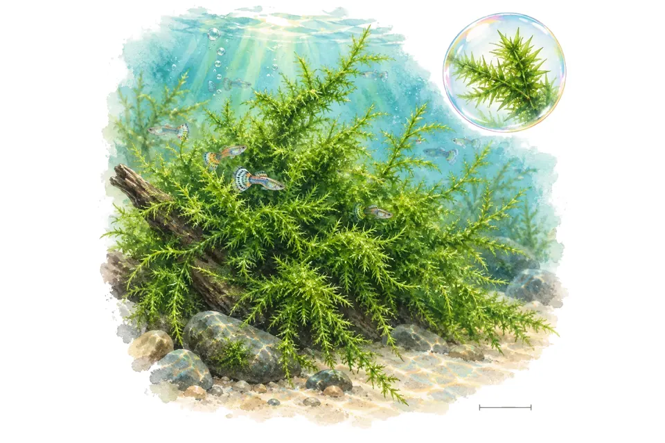 Aquarelle : Mousse spiky (Taxiphyllum sp. 'Spiky') dans une eau turquoise lumineuse, avec un détail dans une bulle.