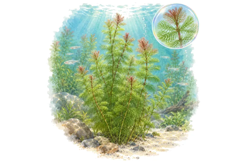 Aquarelle : Myriophylle hippuroïde (Myriophyllum hippuroides) dans une eau turquoise lumineuse, avec un détail dans une bulle.