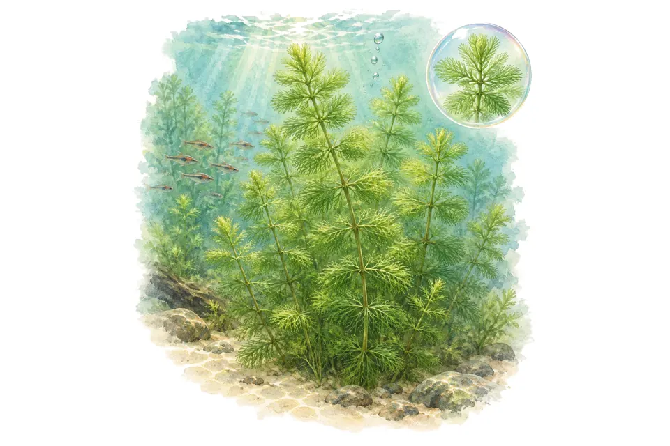 Aquarelle : Myriophylle du Mato Grosso (Myriophyllum mattogrossense) dans une eau turquoise lumineuse, avec un détail dans une bulle.