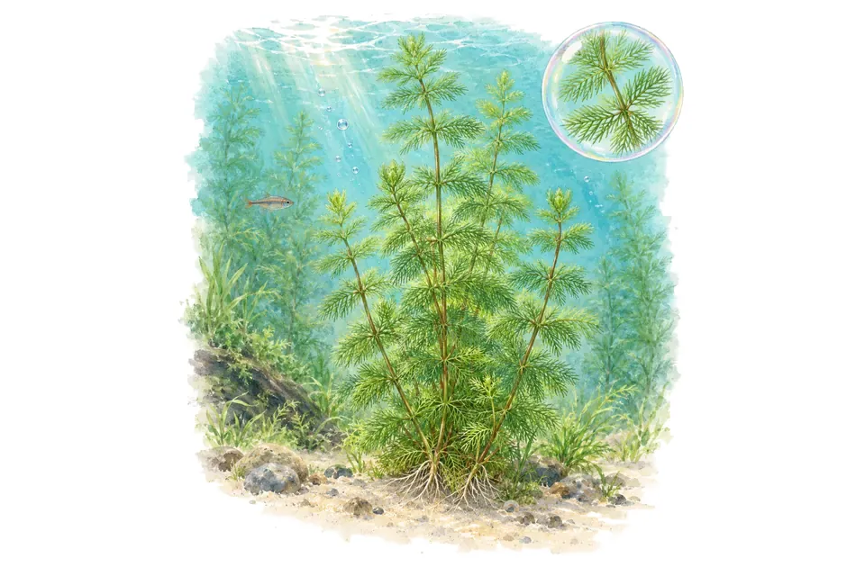 Aquarelle : Myriophylle simulans (Myriophyllum simulans) dans une eau turquoise lumineuse, avec un détail dans une bulle.