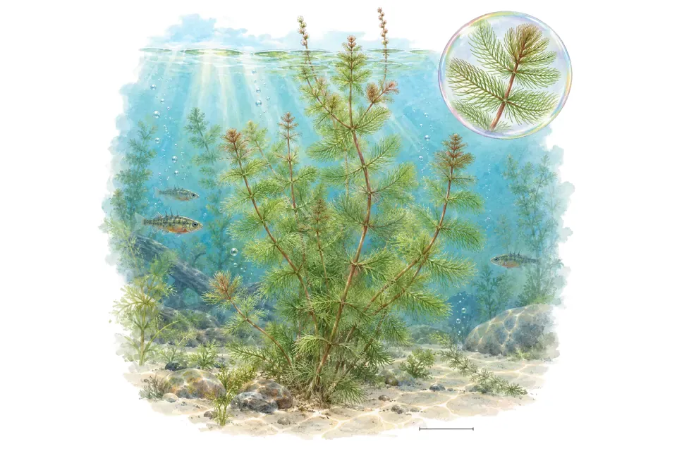 Aquarelle : Myriophylle en épi (Myriophyllum spicatum) dans une eau turquoise lumineuse, avec un détail dans une bulle.