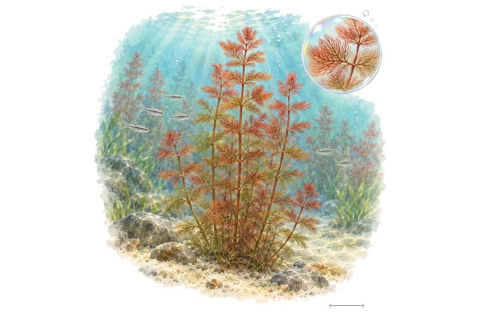 Aquarelle : Myriophylle rouge (Myriophyllum tuberculatum) dans une eau turquoise lumineuse, avec un détail dans une bulle.